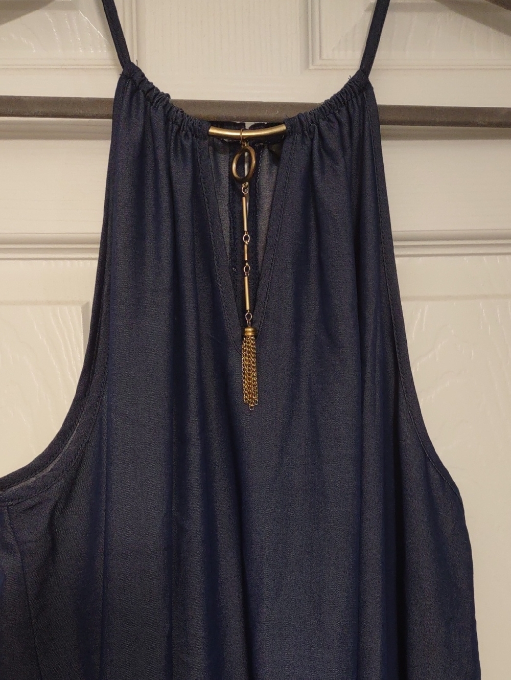 Mlle Gabrielle Navy Maxi Dress with Gold Tassel Detail